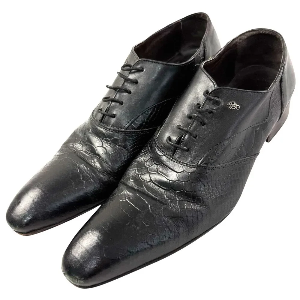BESPOKE Wingtip Dress Shoes Men 44 Black Handmade Snakeskin Pointed Toes
